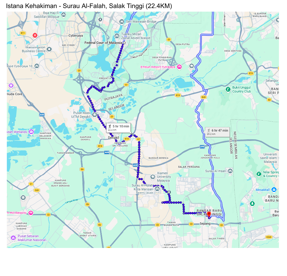 Peta permulaan route dari Istana Kehakiman ke Salak Tinggi